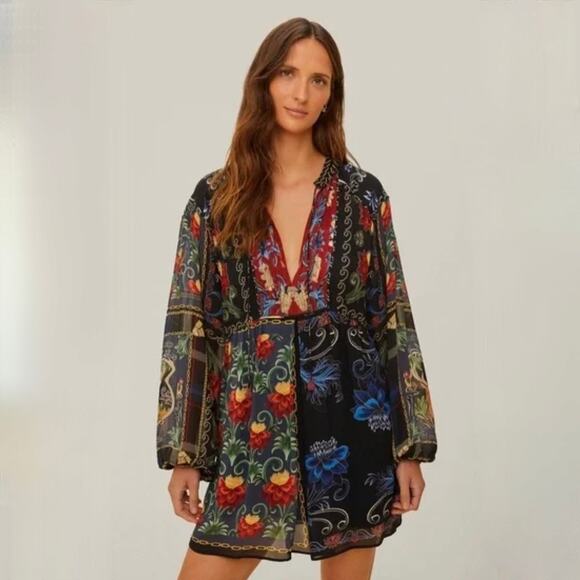 FARM Rio Dresses & Skirts - FARM Rio Black Floral Mini Dress with Red & Blue Accents
